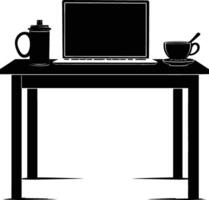 ai generiert Silhouette Büro Schreibtisch mit Laptop und Kaffee schwarz Farbe nur vektor