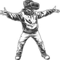 ai genererad tonåring spelar virtuell verklighet headsetet med gravyr stil svart Färg endast vektor