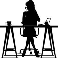 ai generiert Silhouette Büro Schreibtisch mit Laptop und Kaffee mit Frauen Arbeiten Innerhalb vektor