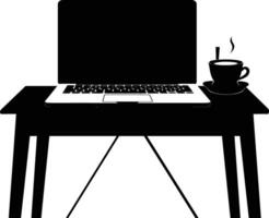 ai genererad silhuett kontor skrivbord med bärbar dator och kaffe vektor