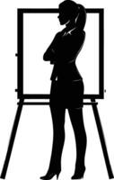 ai generiert Silhouette Geschäft Frau Herstellung Präsentation auf Whiteboard schwarz Farbe nur vektor