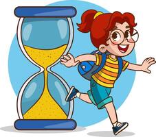 Lycklig barn med timglas. tecknad serie vektor illustration. tid begrepp.
