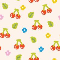 sömlös mönster av söt mycket liten ikon körsbär blomma och blad på pastell bakgrund.frukt och natur hand ritad.bild för kort, affisch, baby clothing.kawaii.vector.illustration. vektor