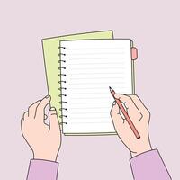 Hand Schreiben etwas mit ein Stift auf ein Checkliste Hinweis Papier. Hand gezeichnet Stil Vektor Illustration