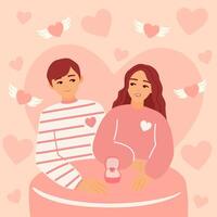 Valentinstag Tag Karte mit schön glücklich Paar von jung Frau und Mann Umarmen jeder andere. vorschlagen mit Engagement Ring. romantisch Illustration von Menschen Dating und im Liebe vektor