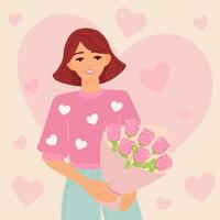 Valentinstag Tag Karte mit schön Frau halten ein Strauß von Blumen. romantisch Illustration von Menschen Dating und im Liebe vektor