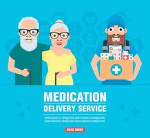 medicin leverans service begrepp modern design platt. leverans tjänster för seniors vektor