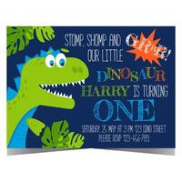 Dinosaurier Party Einladung Poster oder Banner zum Kinder- Geburtstag. Vektor Illustration mit komisch Karikatur Dino einladend Jungs und Mädchen zu feiern Jahrestag im glücklich und heiter Ambiente.