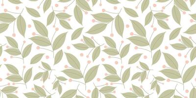 sömlös mönster vår grön löv med bär. platt vektor mall, blommig bakgrund för textil, tyg, dekoration, tapet, omslag papper. pastell Färg tecknad serie botanik lövverk bakgrund.