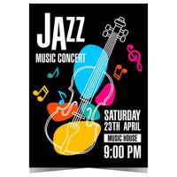 jazz musik konsert folder eller flygblad med en violoncell och färgrik musikalisk anteckningar. vektor mall av inbjudan affisch eller baner för instrumental session på de filharmonisk eller öppen luft festival.