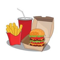 illustration av hamburgare, frites och dryck vektor