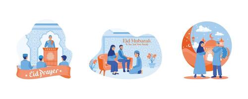 Muslime ausführen eid Gebete zusammen. das Junge entschuldigt sich zu seine Eltern. Muslim Menschen feiern eid. glücklich eid Mubarak Konzept. einstellen eben Vektor Illustration.