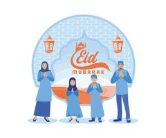 en glad muslim familj firar eid al fitr tillsammans. Lycklig eid mubarak begrepp. platt vektor modern illustration
