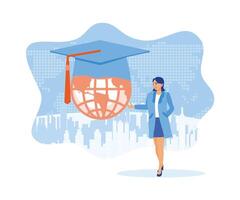 en kvinna är stående Nästa till klot med en gradering keps på topp. utbildning i en global värld. utbildning begrepp. platt vektor illustration.