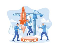 tre arbetare Start en ny företag projekt. de raket lanserar in i de moln. framgångsrik karriär ta av begrepp. platt vektor modern illustration