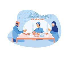 Muslim Familien versammelt zusammen beim das Abendessen Tisch. Essen zusammen während eid al fitr. glücklich eid Mubarak Konzept. eben Vektor modern Illustration