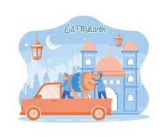 Jungs ausführen Takbir auf das Vorabend von eid al-fitr. Sie schlagen das Trommel und lesen das Takbir um das Dorf durch Wagen. glücklich eid Mubarak Konzept. eben Vektor modern Illustration