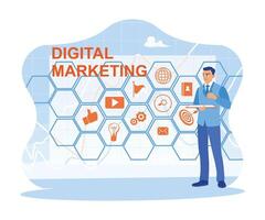 Mann Verwendet Digital Tablets zu erstellen Werbung Strategie und Digital Marketing Planung. Geschäftsmann Stehen mit Marketing Diagramme und Symbole Hintergrund. Digital Marketing Medien Konzept. vektor