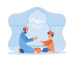 far och son är i de moskén. läsa de koranen och be tillsammans. ramadan kareem och ramadan mubarak hälsning design begrepp. platt vektor modern illustration