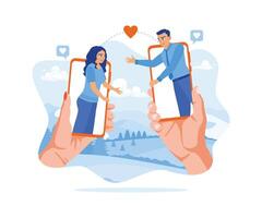 ein jung Paar kommuniziert mit ein Zelle Telefon. feiern Valentinstag Tag online. virtuell Beziehungen Konzept. eben Vektor Illustration.