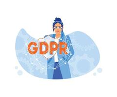 ein Frau im Brille und ein gdpr unterzeichnen. Vorschriften auf das Schutz von natürlich Personen Über das wird bearbeitet von persönlich Daten. gdpr Konzept. eben Vektor modern Illustration