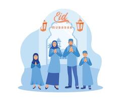 Muslim Familie im passend Blau Kleidung. Begrüßung eid al-fitr mit Freude. glücklich eid Mubarak Konzept. eben Vektor modern Illustration