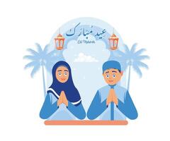 män och kvinnor fira eid al fitr. önskar du en Lycklig eid al-fitr. Lycklig eid mubarak begrepp. platt vektor modern illustration
