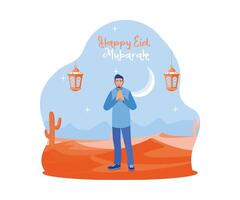 Erwachsene Mann Stehen im das Wüste. Begrüßung eid al fitr. glücklich eid Mubarak Konzept. eben Vektor modern Illustration
