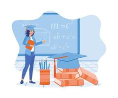 ung kvinna med dokument och bär en gradering keps. utbildning och vetenskap. utbildning begrepp. platt vektor illustration.