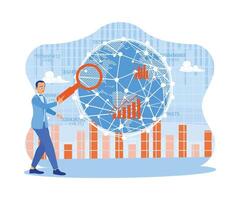 affärsman stående innan en virtuell skärm med en global nätverk länk förbindelse. analysera kontor finansiell diagram på de netto. stor data teknologi för företag finansiera analys begrepp. vektor