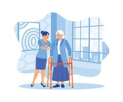 ein Krankenschwester ist Portion ein Senior Frau mit ein Stock. ein jung Pflegekraft hilft ein Senior Frau gehen. Alten geduldig Konzept.flach Vektor Illustration.