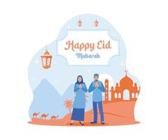 glücklich Muslim Paar Begrüßung und feiern eid al fitr. Moschee und Kamele im das Hintergrund. glücklich eid Mubarak Konzept. eben Vektor modern Illustration