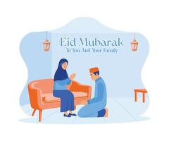 das Sohn entschuldigt sich zu das Mutter im das Haus. verzeihen Mich, Körper und Seele. glücklich eid Mubarak Konzept. eben Vektor modern Illustration