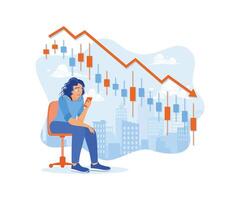 ein Geschäftsfrau ist Analysieren ein rückläufig Lager Markt Graph. ein Frau Sitzung auf ein Stuhl mit ein traurig Gesicht. Lager Handel Konzept. vektor