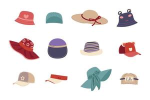 Hand gezeichnet einstellen von Damen Hüte. Skizzen von Sommer- Hüte. Mode Skizzen von Panama, Hut, Deckel. beiläufig Stil. vektor