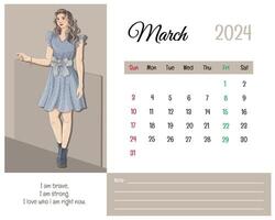 tryckbar kalender Mars 2024 med flicka illustration och affirmationer för själv vektor