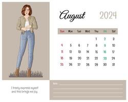 tryckbar kalender augusti 2024 med flicka illustration och affirmationer för själv vektor