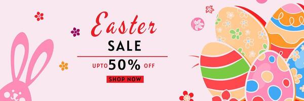 Ostern Verkauf horizontal Netz Banner Vorlage mit Hase, gemalt Eier und Blumen vektor