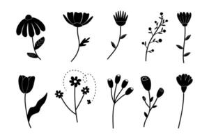 silhuett svart och vit uppsättning av blommor, vår, hand målad. för dekorera kort, bröllop inbjudningar, din design vektor