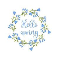 Hallo Frühling, blau Hintergrund, Rahmen Farben Weiß isoliert Hintergrund. Vektor Illustration
