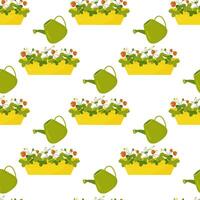 sömlös mönster trädgård jordgubb i pott, vattning. vektor illustration. för din design, omslag papper, tyg.