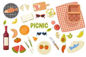 Picknick Satz, Vektor Elemente im süß Karikatur Stil. Essen, Tischdecke, Korb. Frühling und Sommer- draussen Urlaube im Natur