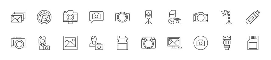 Sammlung von dünn Linie Symbole von Foto Kamera. linear Zeichen und editierbar Schlaganfall. geeignet zum Netz Websites, Bücher, Artikel vektor