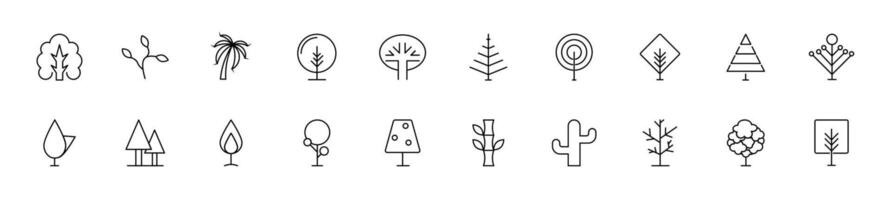 samling av tunn linje ikoner av annorlunda träd som symbol av skog. linjär tecken och redigerbar stroke. lämplig för webb webbplatser, böcker, artiklar vektor