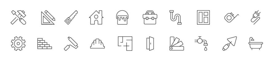 samling av tunn linje ikoner av byggnad och renovering. linjär tecken och redigerbar stroke. lämplig för webb webbplatser, böcker, artiklar vektor