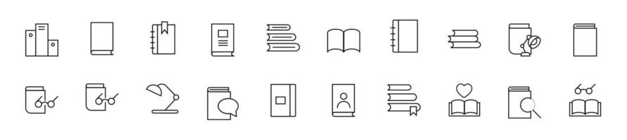 Sammlung von dünn Linie Symbole von Bücher. linear Zeichen und editierbar Schlaganfall. geeignet zum Netz Websites, Bücher, Artikel vektor