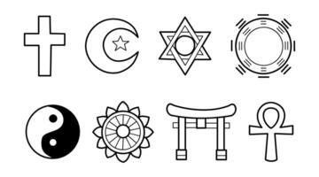 religiös und spirituell Symbole Sammlung, Universal- Symbole und Symbole von Glaube, monochromatisch Linie Kunst Stil, Vektor Illustrationen.