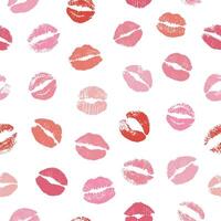 sömlös mönster av rosa och röd kyss märken. läpp grafik för hjärtans dag, romantisk och kärlek bakgrunder, skönhet och smink teman. läppstift avtryck, vektor illustration