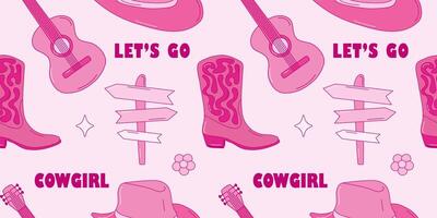 Rosa Cowgirl nahtlos Muster. einstellen von wild Westen Muster im Rosa Farbe. retro Rosa Muster mit Hut, Blume, Gitarre, Stiefel, Zeiger vektor