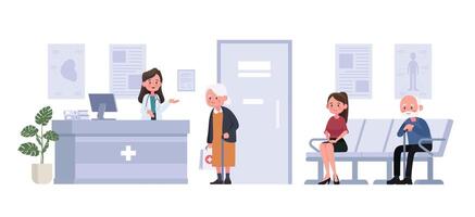 receptionist och patienter sitter och väntar framför rummet på sjukhuset på platt stil. vektor illustration seriefigur